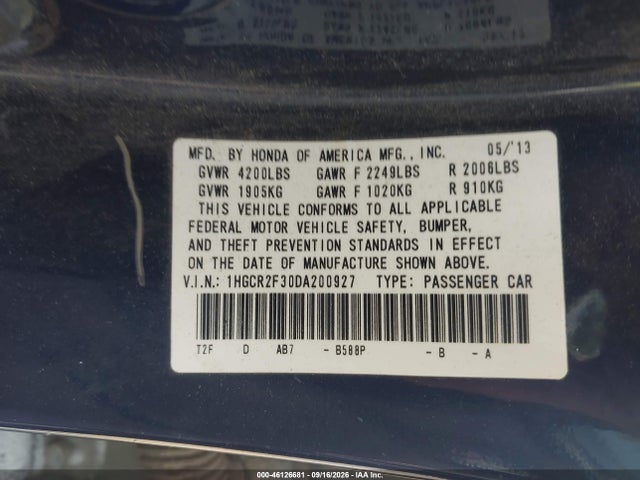 Продаж на аукціоні авто 2013 Honda Accord Lx, vin: 1HGCR2F30DA200927, номер лоту: 46126681