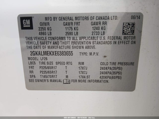 Продаж на аукціоні авто 2014 Gmc Terrain Sle-1, vin: 2GKALMEKXE6383655, номер лоту: 46126685