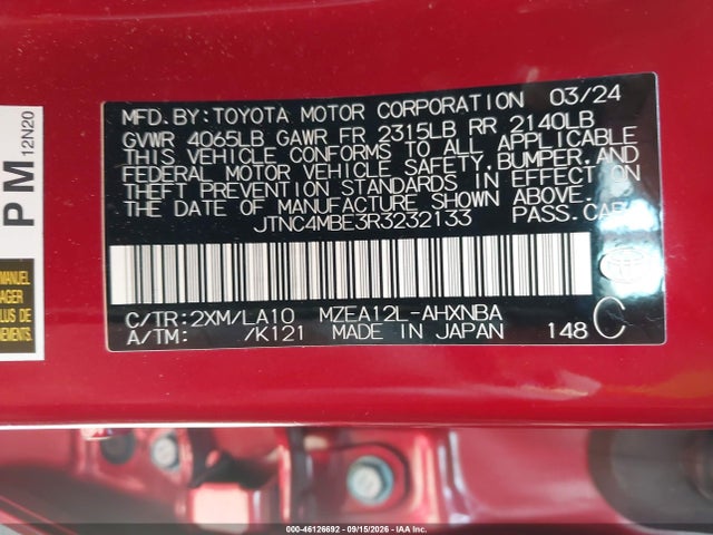 Продаж на аукціоні авто 2024 Toyota Corolla Xse, vin: JTNC4MBE3R3232133, номер лоту: 46126692