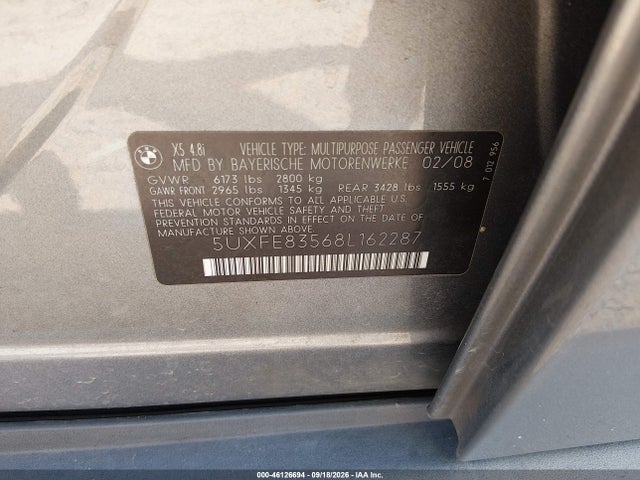 Aukcja sprzedaży 2008 Bmw X5 4.8i, vin: 5UXFE83568L162287, numer aukcji: 46126694