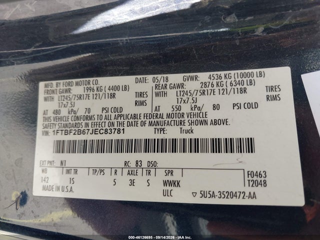 2018 Ford F-250 Xl მანქანა იყიდება აუქციონზე, vin: 1FTBF2B67JEC83781, აუქციონის ნომერი: 46126695