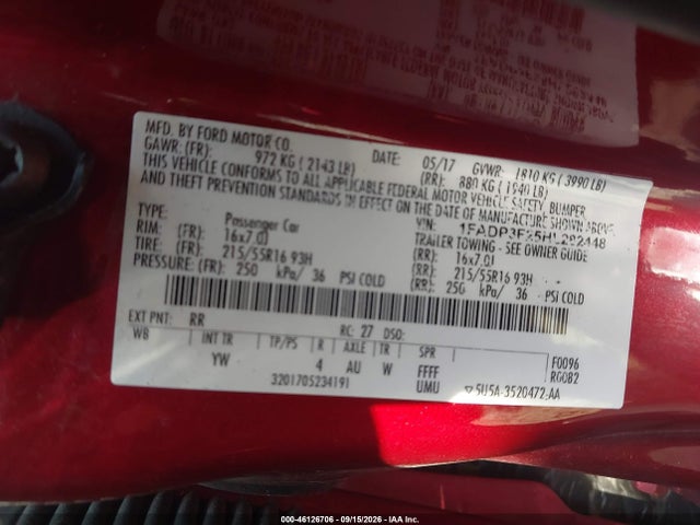 46126706 :رقم المزاد ، 1FADP3F25HL282448 vin ، 2017 Ford Focus Se مزاد بيع