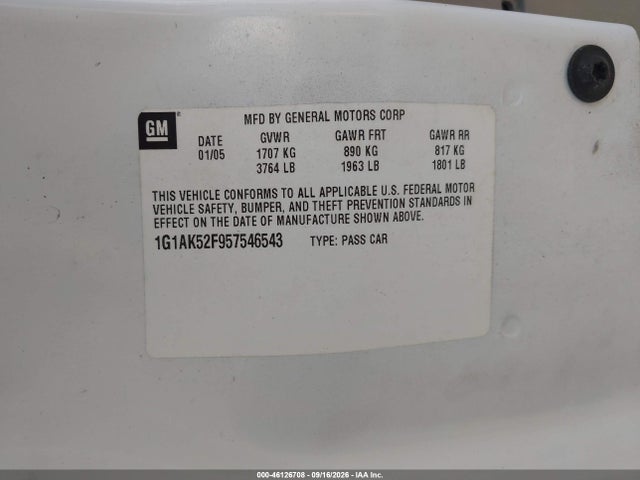 46126708 :رقم المزاد ، 1G1AK52F957546543 vin ، 2005 Chevrolet Cobalt مزاد بيع