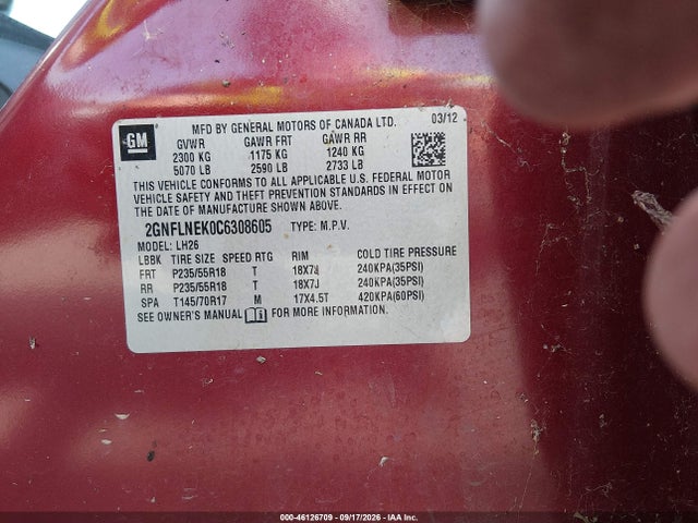 Aukcja sprzedaży 2012 Chevrolet Equinox 2lt, vin: 2GNFLNEK0C6308605, numer aukcji: 46126709