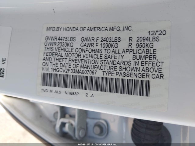 Aukcja sprzedaży 2021 Honda Accord Sport 2.0t, vin: 1HGCV2F33MA007067, numer aukcji: 46126712