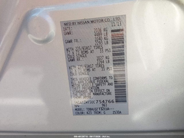 2014 Nissan Rogue Sv მანქანა იყიდება აუქციონზე, vin: 5N1AT2MT5EC754766, აუქციონის ნომერი: 46126718