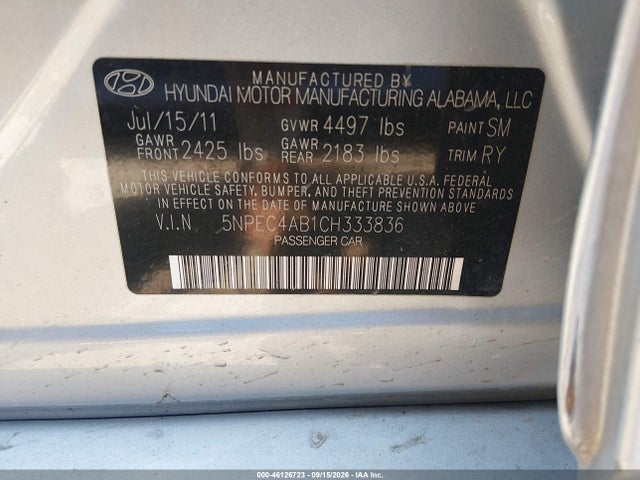 Продажа на аукционе авто 2012 Hyundai Sonata Limited 2.0t, vin: 5NPEC4AB1CH333836, номер лота: 46126723