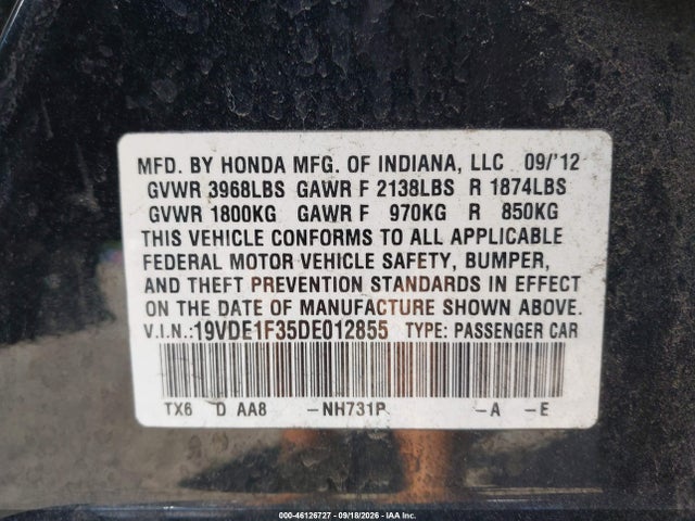 2013 Acura Ilx 2.0l მანქანა იყიდება აუქციონზე, vin: 19VDE1F35DE012855, აუქციონის ნომერი: 46126727