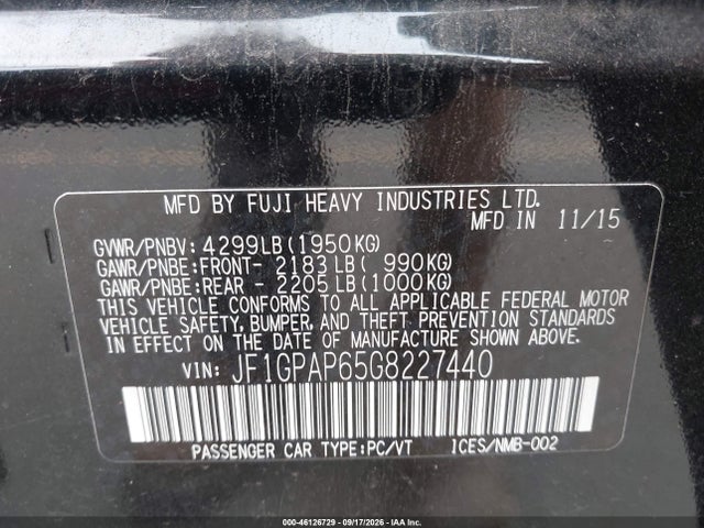46126729 :رقم المزاد ، JF1GPAP65G8227440 vin ، 2016 Subaru Impreza 2.0i Sport Premium مزاد بيع