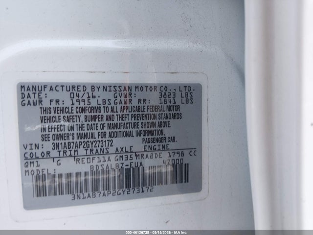 46126739 :رقم المزاد ، 3N1AB7AP2GY273172 vin ، 2016 Nissan Sentra S مزاد بيع