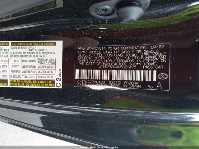 Aukcja sprzedaży 2022 Lexus Rc 350, vin: JTHDZ5BCXN5026478, numer aukcji: 46126745