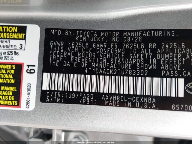 2026 Toyota Camry Le მანქანა იყიდება აუქციონზე, vin: 4T1DAACK2TU783302, აუქციონის ნომერი: 46126749