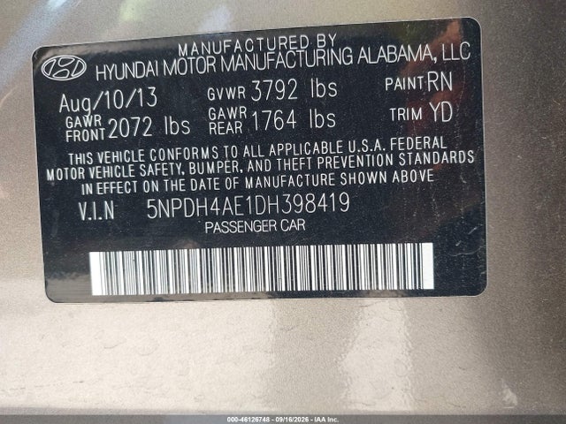 Aukcja sprzedaży 2013 Hyundai Elantra Gls, vin: 5NPDH4AE1DH398419, numer aukcji: 46126748