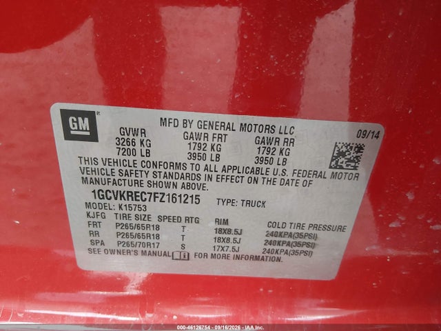 Продажа на аукционе авто 2015 Chevrolet Silverado 1500 1lt, vin: 1GCVKREC7FZ161215, номер лота: 46126754