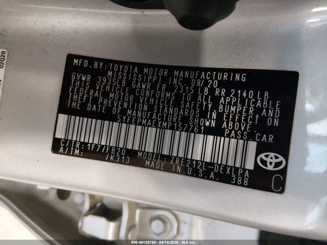 46126760 :رقم المزاد ، 5YFEPMAEXMP157761 vin ، 2021 Toyota Corolla Le مزاد بيع