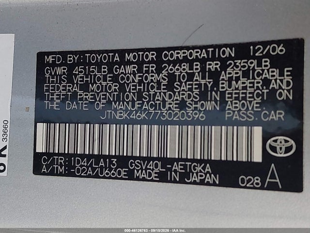 Aukcja sprzedaży 2007 Toyota Camry Xle V6, vin: JTNBK46K773020396, numer aukcji: 46126763