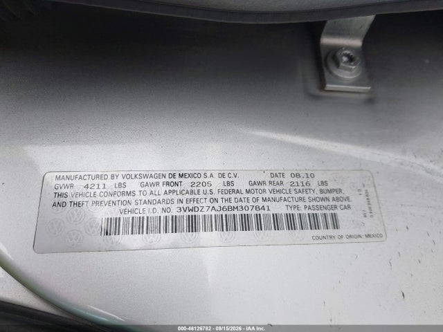 Продажа на аукционе авто 2011 Volkswagen Jetta 2.5l Se, vin: 3VWDZ7AJ6BM307841, номер лота: 46126782
