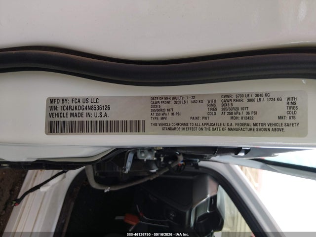 Aukcja sprzedaży 2022 Jeep Grand Cherokee L Overland 4x4, vin: 1C4RJKDG4N8536126, numer aukcji: 46126790