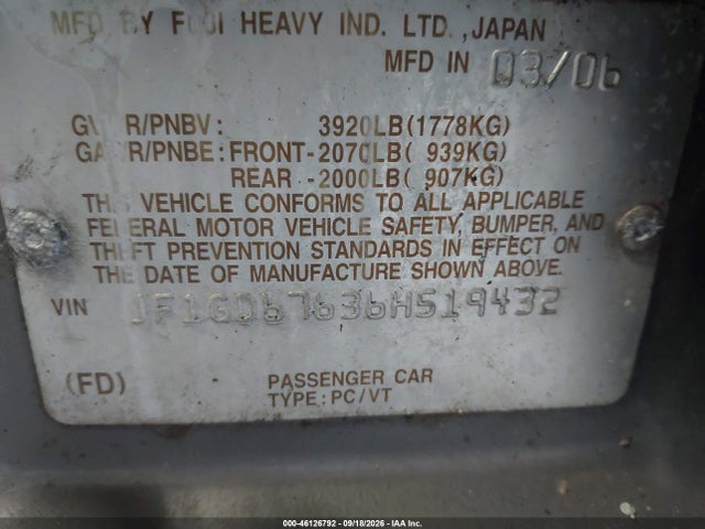 Aukcja sprzedaży 2006 Subaru Impreza 2.5i, vin: JF1GD67636H519432, numer aukcji: 46126792