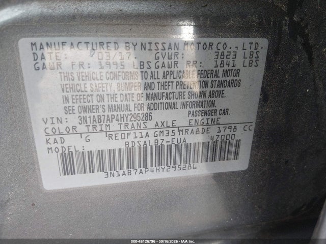 Aukcja sprzedaży 2017 Nissan Sentra S, vin: 3N1AB7AP4HY295286, numer aukcji: 46126796