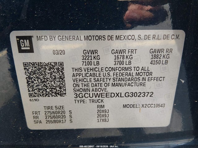 Aukcja sprzedaży 2020 Chevrolet Silverado 1500 2wd  Short Bed Ltz, vin: 3GCUWEEDXLG302372, numer aukcji: 46126807