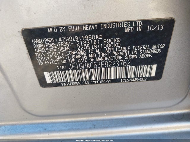 Aukcja sprzedaży 2014 Subaru Impreza 2.0i Premium, vin: JF1GPAC63E8223762, numer aukcji: 46126808