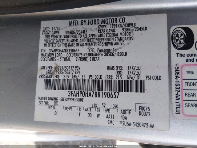 Aukcja sprzedaży 2011 Ford Fusion Se, vin: 3FAHP0HA7BR190657, numer aukcji: 46126821
