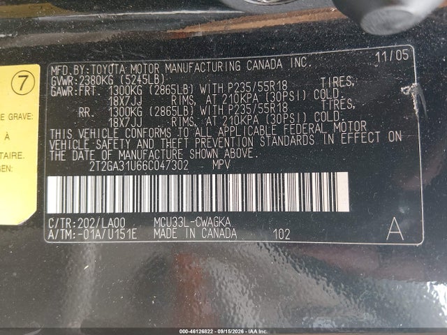 46126822 :رقم المزاد ، 2T2GA31U66C047302 vin ، 2006 Lexus Rx 330 مزاد بيع