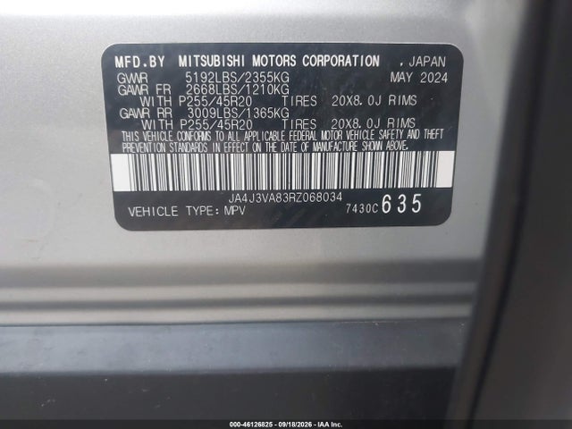 46126825 :رقم المزاد ، JA4J3VA83RZ068034 vin ، 2024 Mitsubishi Outlander Se 2.5 2wd/se Black Edition S-awc/se Black Edition W/pano Roof S-awc مزاد بيع