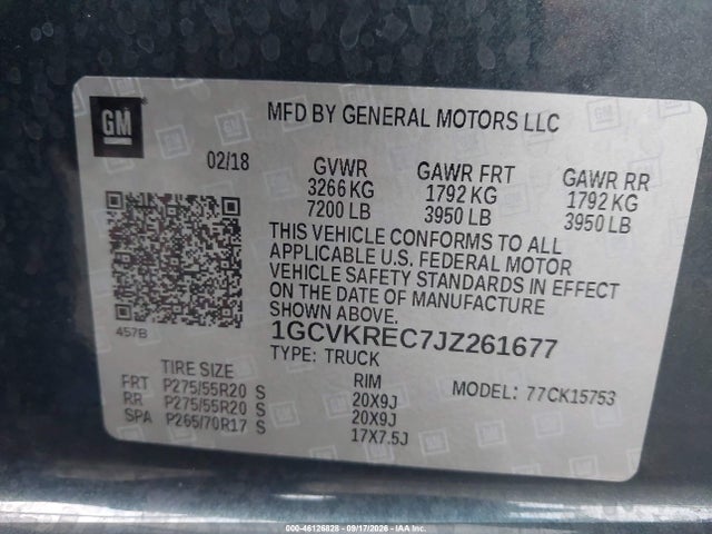 46126828 :رقم المزاد ، 1GCVKREC7JZ261677 vin ، 2018 Chevrolet Silverado 1500 2lt مزاد بيع