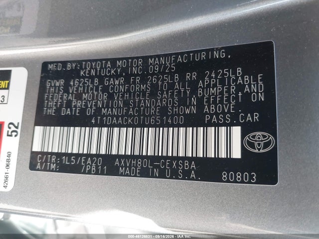 Продаж на аукціоні авто 2026 Toyota Camry Se, vin: 4T1DAACK0TU651400, номер лоту: 46126831