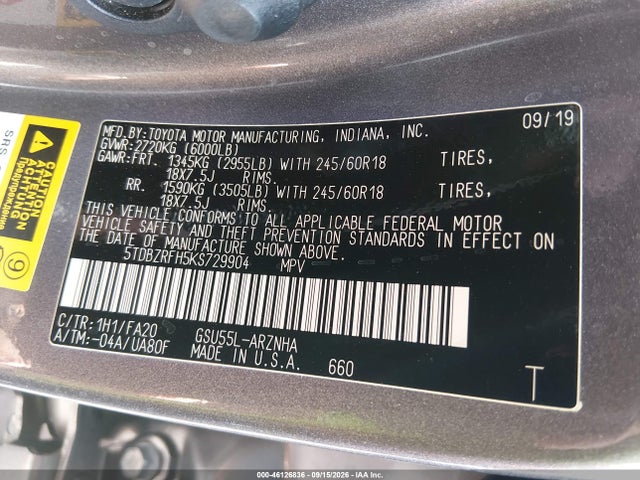 Toyota Highlander Le Plus 2019 5TDBZRFH5KS729904 Image 9