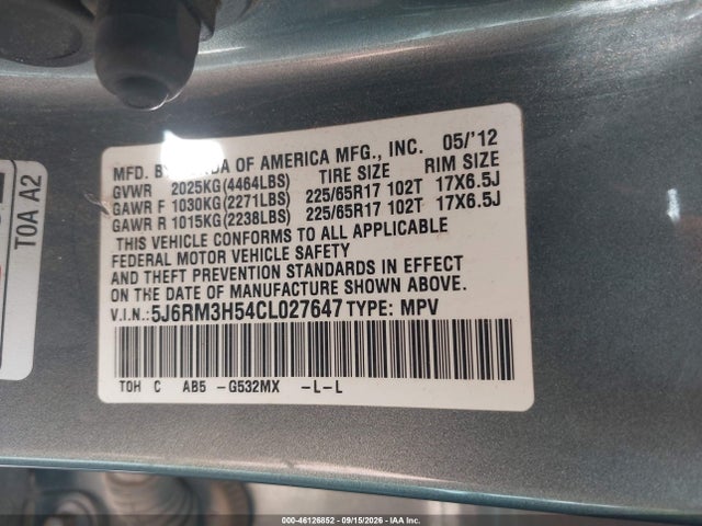 Продаж на аукціоні авто 2012 Honda Cr-v Ex, vin: 5J6RM3H54CL027647, номер лоту: 46126852