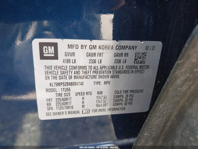 46126866 :رقم المزاد ، KL79MPS28NB094740 vin ، 2022 Chevrolet Trailblazer Fwd Lt مزاد بيع