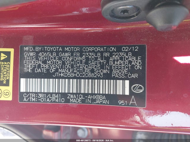 46126873 :رقم المزاد ، JTHKD5BH0C2088293 vin ، 2012 Lexus Ct 200h Premium مزاد بيع