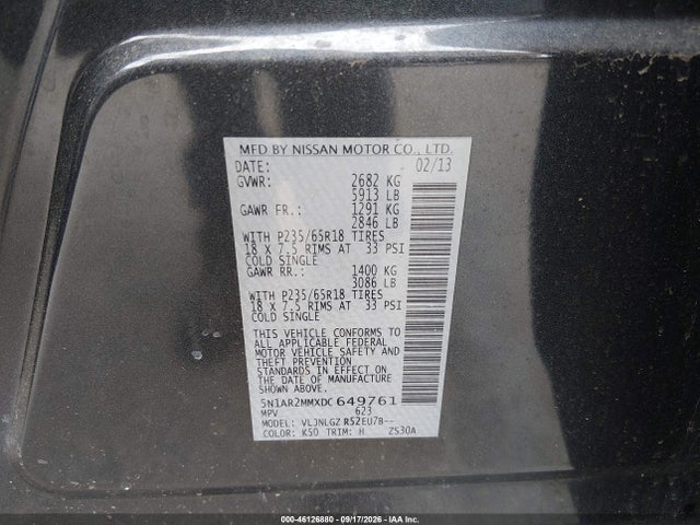 Aukcja sprzedaży 2013 Nissan Pathfinder Sl, vin: 5N1AR2MMXDC649761, numer aukcji: 46126880