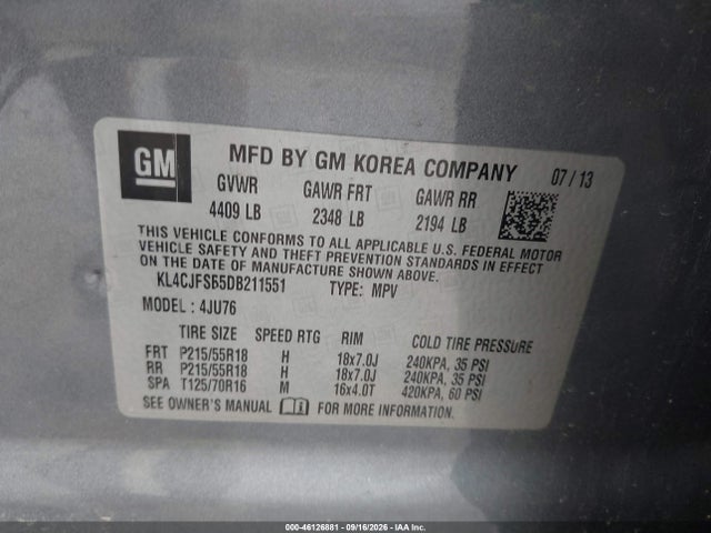 46126881 :رقم المزاد ، KL4CJFSB5DB211551 vin ، 2013 Buick Encore Convenience مزاد بيع