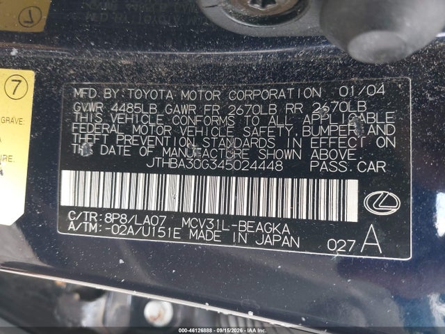 Продажа на аукционе авто 2004 Lexus Es 330, vin: JTHBA30G345024448, номер лота: 46126888