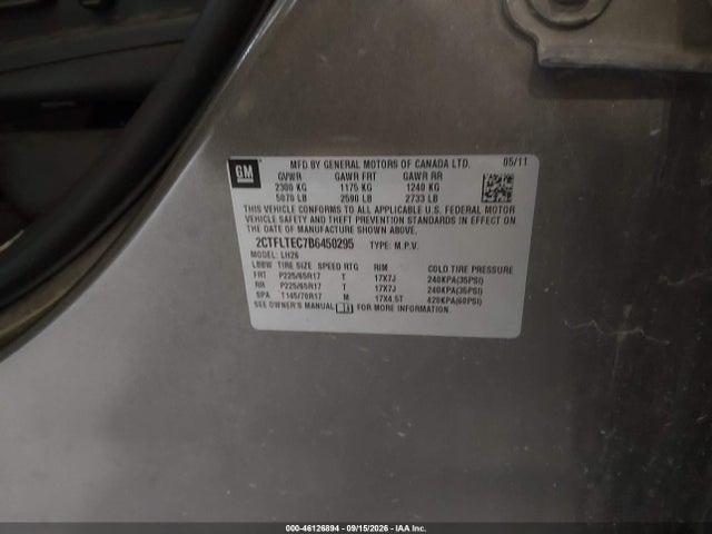 46126894 :رقم المزاد ، 2CTFLTEC7B6450295 vin ، 2011 Gmc Terrain Sle-2 مزاد بيع