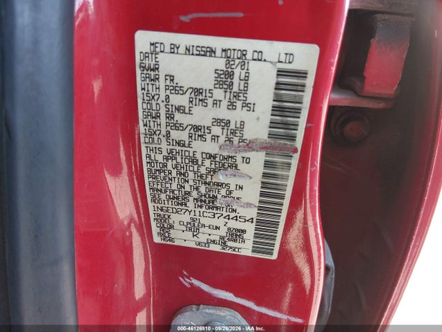46126910 :رقم المزاد ، 1N6ED27Y11C374454 vin ، 2001 Nissan Frontier Xe-v6 مزاد بيع