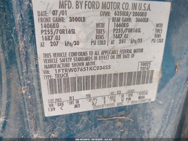Продаж на аукціоні авто 2001 Ford F-150 Harley-davidson Edition/king Ranch Edition/lariat/xlt, vin: 1FTRW07651KC03455, номер лоту: 46126918