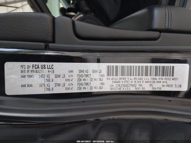46126921 :رقم المزاد ، 1C4RJFAG4GC379452 vin ، 2016 Jeep Grand Cherokee Laredo مزاد بيع