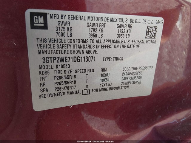 46126924 :رقم المزاد ، 3GTP2WE71DG113071 vin ، 2013 Gmc Sierra 1500 Slt مزاد بيع