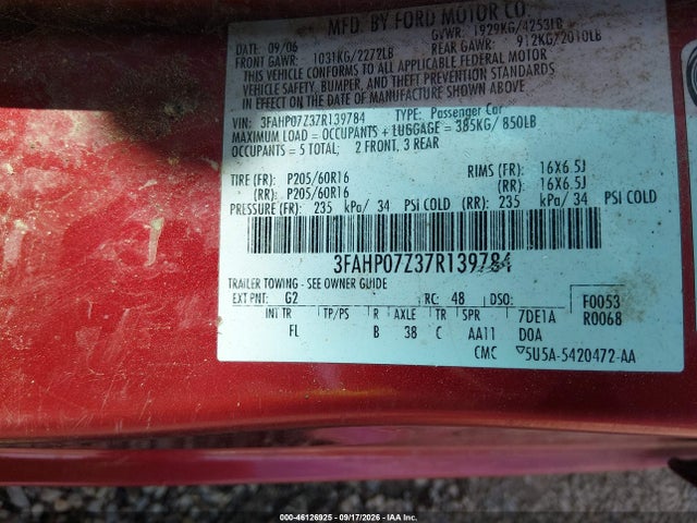 2007 Ford Fusion Se მანქანა იყიდება აუქციონზე, vin: 3FAHP07Z37R139784, აუქციონის ნომერი: 46126925