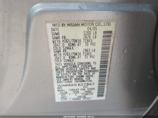 46126930 :رقم المزاد ، 5N1AN08UX5C627867 vin ، 2005 Nissan Xterra S مزاد بيع