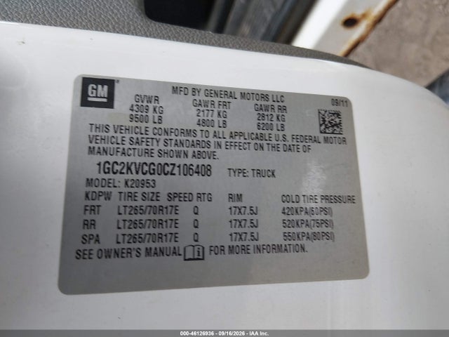 46126936 :رقم المزاد ، 1GC2KVCG0CZ106408 vin ، 2012 Chevrolet Silverado 2500hd Work Truck مزاد بيع