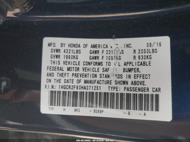 46126960 :رقم المزاد ، 1HGCR2F80HA071251 vin ، 2017 Honda Accord Ex-l مزاد بيع