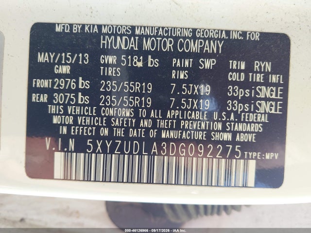 2013 Hyundai Santa Fe Sport 2.0t მანქანა იყიდება აუქციონზე, vin: 5XYZUDLA3DG092275, აუქციონის ნომერი: 46126966