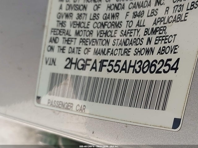 Aukcja sprzedaży 2010 Honda Civic Lx, vin: 2HGFA1F55AH306254, numer aukcji: 46126978