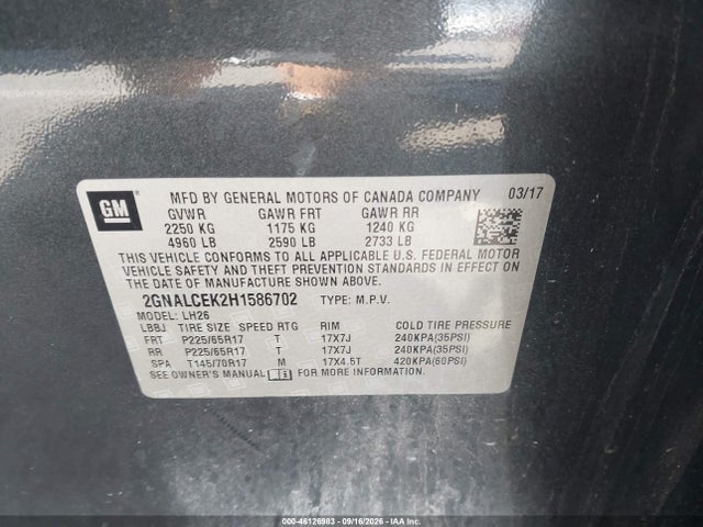Продажа на аукционе авто 2017 Chevrolet Equinox Lt, vin: 2GNALCEK2H1586702, номер лота: 46126983
